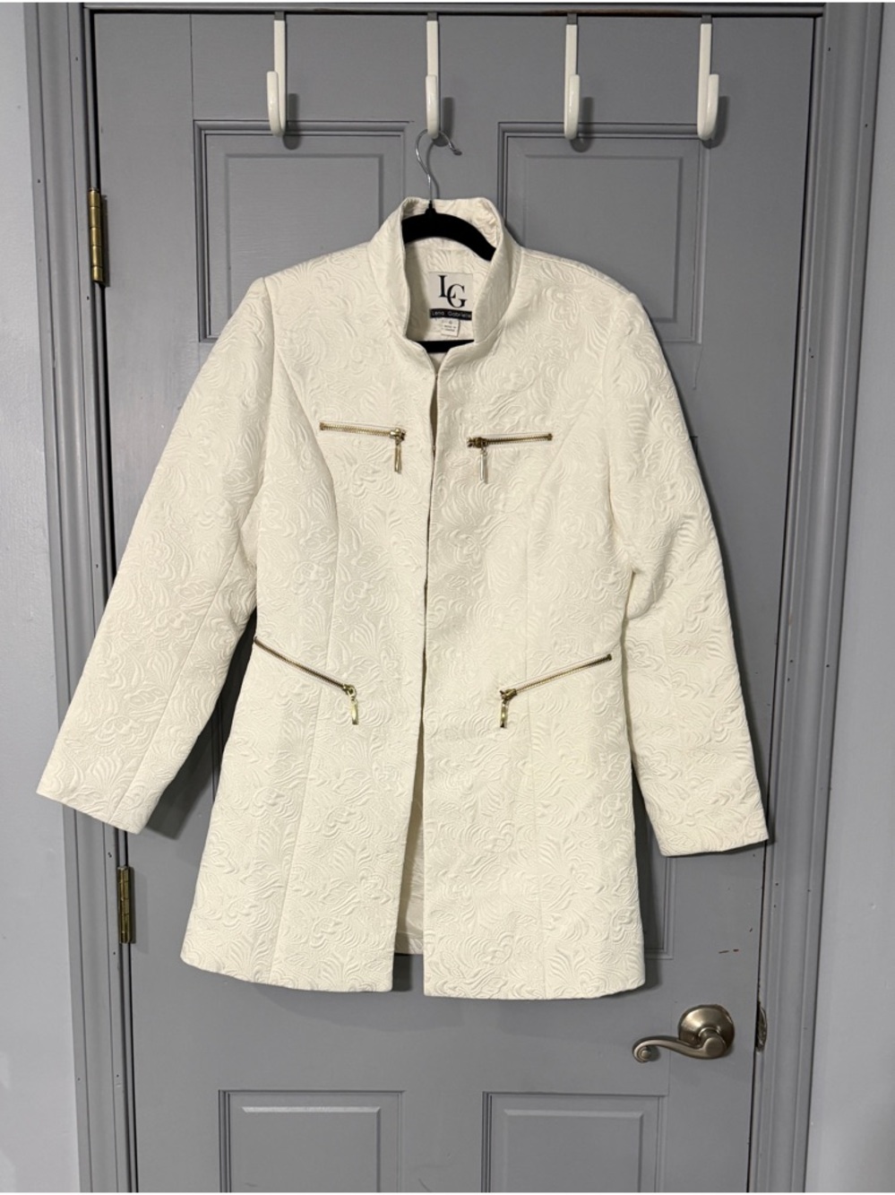 Lena Gabrielle Ivory Textured Jacket Gold Zipper Moto Career Blazer
